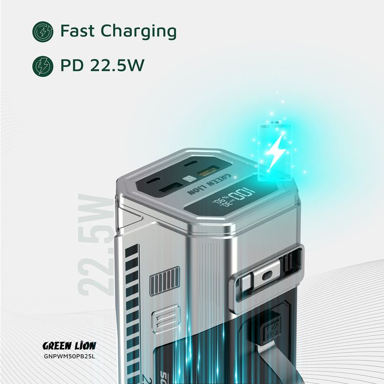 Green Lion Power Max 22.5W 50000mAh Power Bank with Built-in 1.5m Retractable Cable, 2× USB-A, 2× USB-C Ports, Digital Display, LED Flash Light - Silver