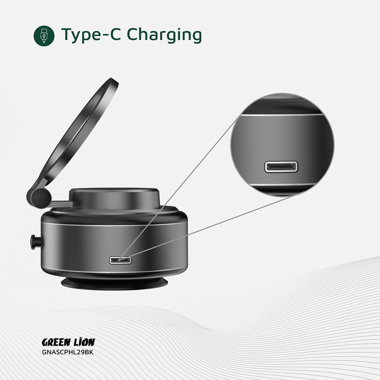 حامل الهاتف Green Lion GX-29 مع شفط تلقائي ودوران 360°، كوب شفط قوي، إمتصاص 1.5 كجم، تشغيل بيد واحدة، متوافق مع ماغسيف، شحن Type-C، وقت عمل 14 يومًا - باللون الأسود غير اللامع.