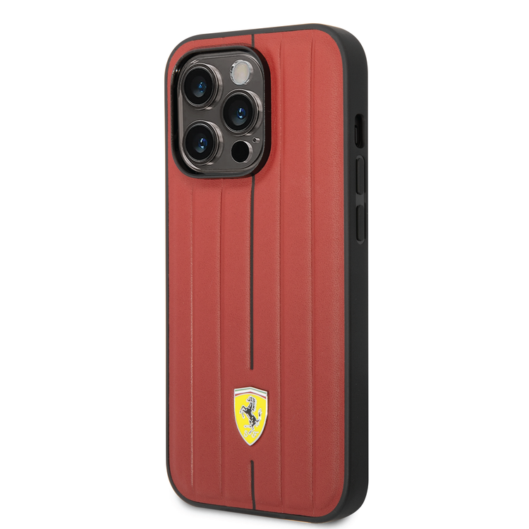 Ferrari Leather Case With Embossed Stripes & Yellow Shield Logo - iPhone 14 Pro Max - Red