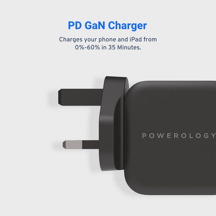 Powerology Ultra-Compact GaN Charger with 20W Power Delivery, UK 3-Pin Plug, Built-in Safeguards, USB-C Fast Charging, 0%-60% Charge in 35 Minutes - Black