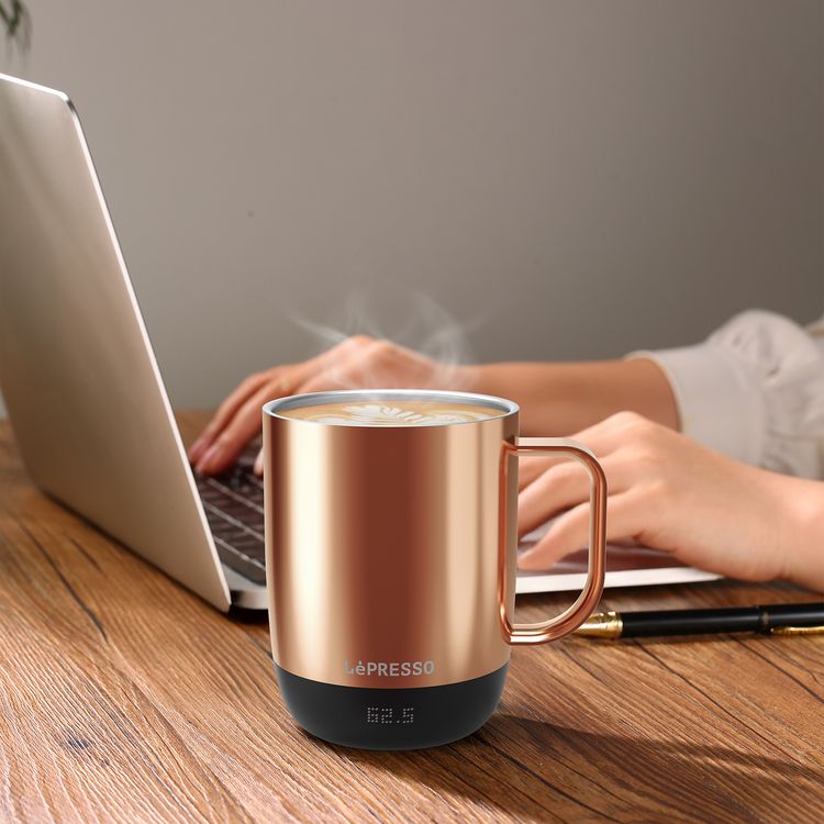 LePresso AURELIO Ceramic Mug with Temperature Control Base,  IPX7 Waterproof Grade, Type-C Charging Port, Stainless Steel 304 + PC + Ceramic Material, 300mL Capacity - Rose Gold