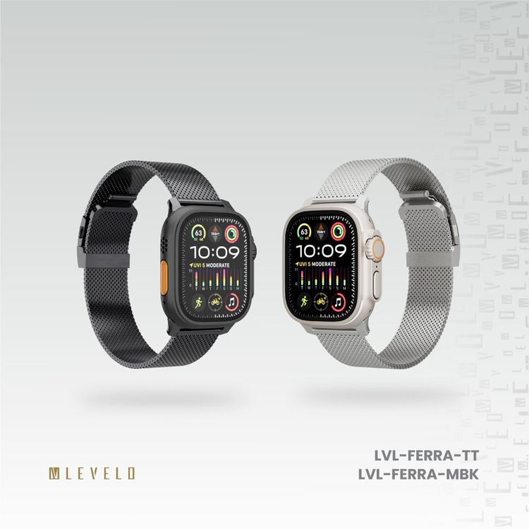 Levelo Ferra Milanese Watch Strap with Adjustable Length, Compatible with 49/46mm Smartwatches & Apple Watch SE, Series 9, 8, 7, 6, 5, Hypoallergenic Material, 24/7 Wearability, Water-Resistant, Anti-Oxidation Technology - Matte Black
