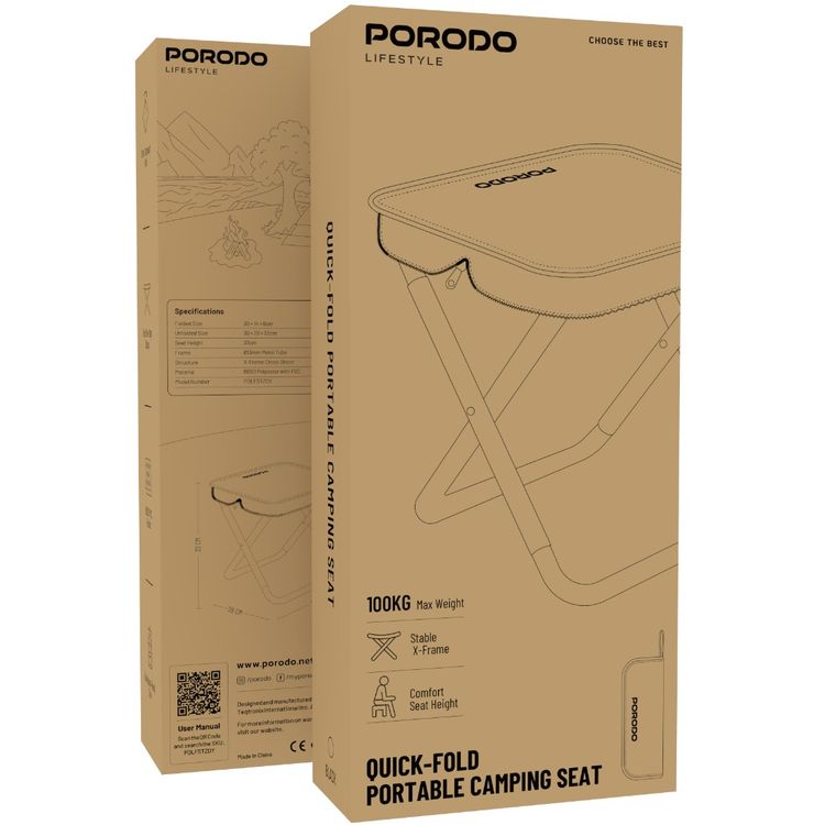 Porodo Quick-Fold Portable Camping Seat with Stable X-Frame, Up to 100kg Load Capacity, 32cm Seat Height, Backpack-Ready Size, Fast One-Step Setup - Green