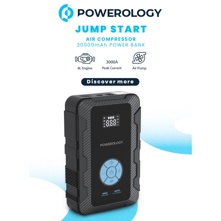 ضاغط هواء Powerology 20000mAh Power Bank Jump Start، أقصى وقت شحن 7.0±1.0 ساعة، PD 45 وات، ذروة التيار 3000 أمبير، محرك سعة 8 لتر - أسود 