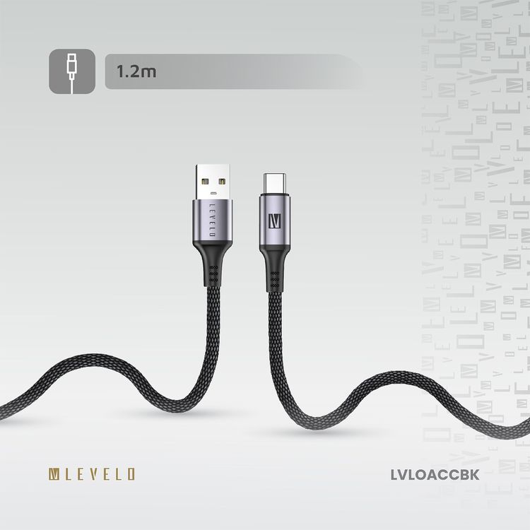 كابل Levelo Otto من USB-A إلى USB-C مع مقاومة للحرارة، شحن سريع ومزامنة البيانات، معدل نقل بيانات 480 ميجابت في الثانية، خالٍ من التشابك، طول الكابل 1.2 متر - أسود
