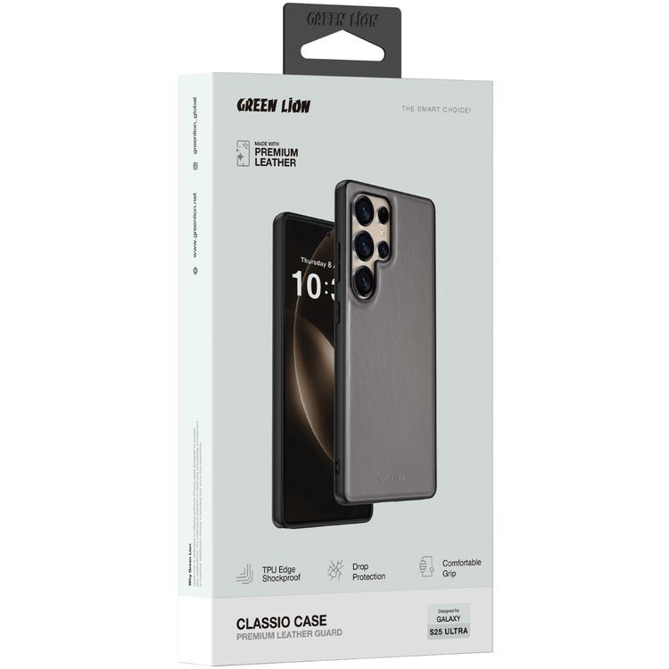 Green Lion Leather Case Samsung Galaxy S25 Ultra, TPU Shockproof Edges, Drop Protection, Comfort Grip, Camera Protection, Precise Cutouts, Anti-Scratch - Titanium