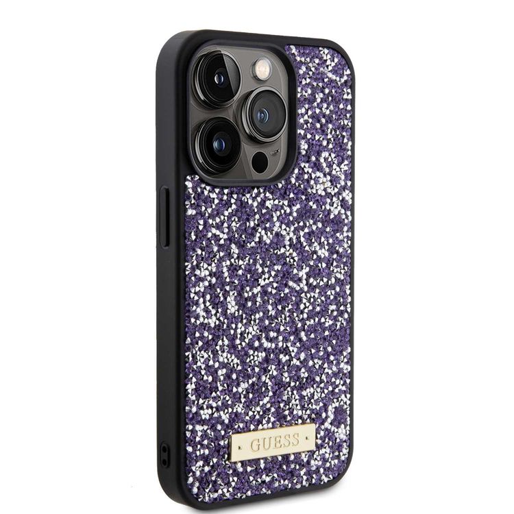 Guess Rhinestone Case with Metal Logo for iPhone 15 Promax - Black - وردي فاتح - iPhone 15 Pro Max