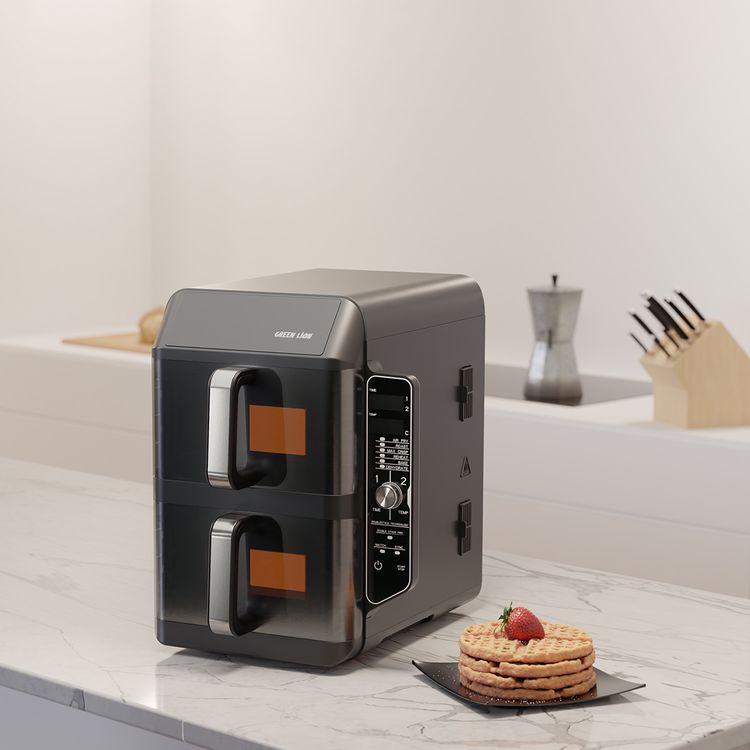 Green Lion Double-Decker Pro Digital Air Fryer with 2× 5.6L Capacity, 6 Preset Programs, 2400W Power, PP + Aluminum + ABS & PC Material, 0-60 Minutes Frying Time, Up to 230°C Temperature, BS Plug 90cm Power Cord, LED Touch Display - Black