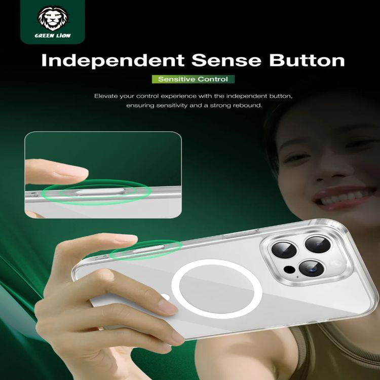 Green Lion Sense Crystal Clear Magsafe Case for iPhone 16 Pro, Camera Protection, Drop Protection, Magsafe Compatible, Strong Magnets, Anti-Scratch, Sense Button, Raised Edge - Clear