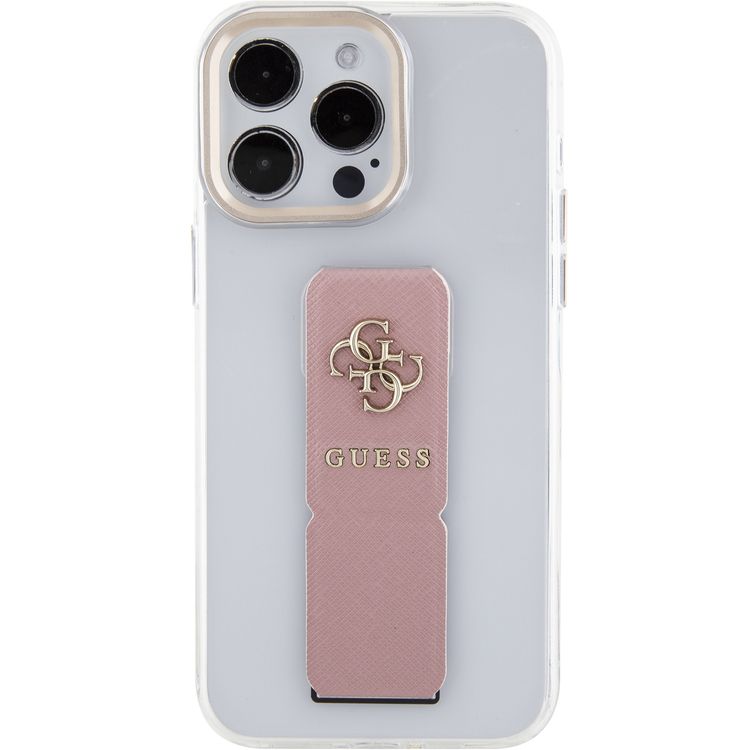 Guess Gripstand Clear Case with Saffiano Grip Leather & 4G Logo for iPhone 15 Pro Max -Black - القرنفل