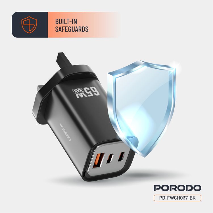 Porodo Triple Output Quick Wall Charger with 65W Power Delivery, Built-in Safeguards, Simultaneous Charging, 22.5W USB-A Output, Laptop Charging Compatibility - Black
