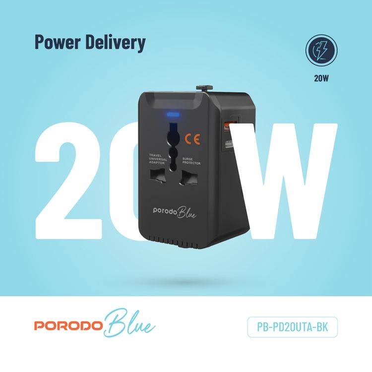 Porodo Blue Dual Port 20W Power Delivery and 18W Quick Charge Universal Wall Charger with US/AU/EU/UK Plugs, Built-in Safeguards - Black