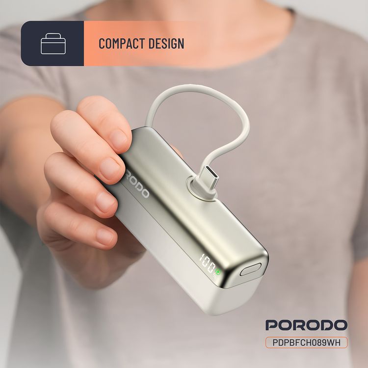 Porodo Pocket Volt 5000mAh Power Bank with Built-in Type-C Connector, 22.5W Power Delivery, Fast Charging Support, Compact Design, 15W Total Output - White