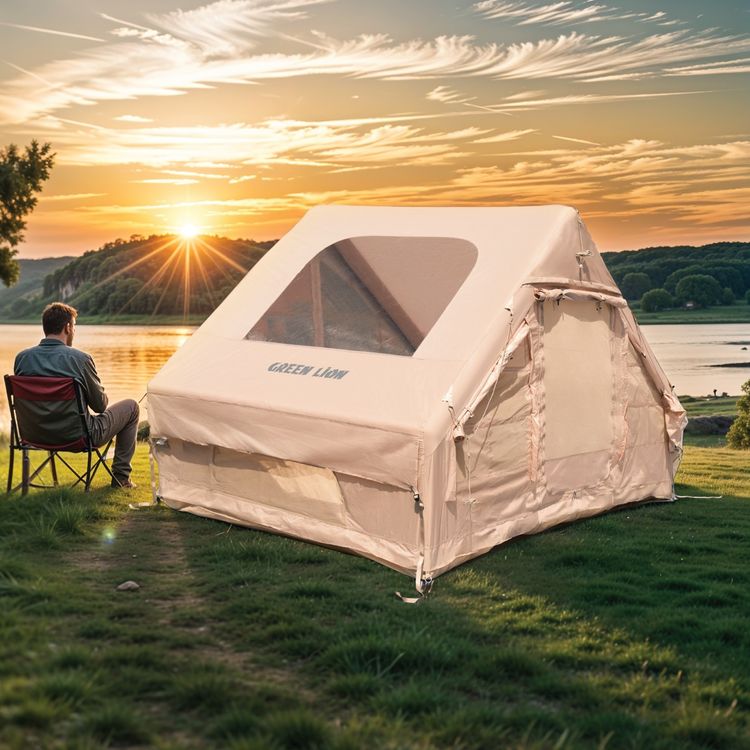 Green Lion GT-4X Inflatable Camping Tent, Breathable Anti-Mosquito Design, 3-4 Persons Capacity, Storage Pockets, Ventilated Windows- Beige