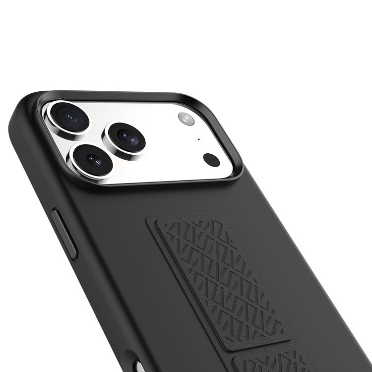 حافظة ليفيلو مورفيكس سيليكون غريب ستاند لهاتف آيفون 17 برو، مشاهدة بدون استخدام اليدين، بطانة داخلية من الألياف الدقيقة الحقيقية، حامل أفقي وعمودي، ممتص الصدمات، حواف مرتفعة للكاميرا والشاشة، تصميم نحيف - أسود.