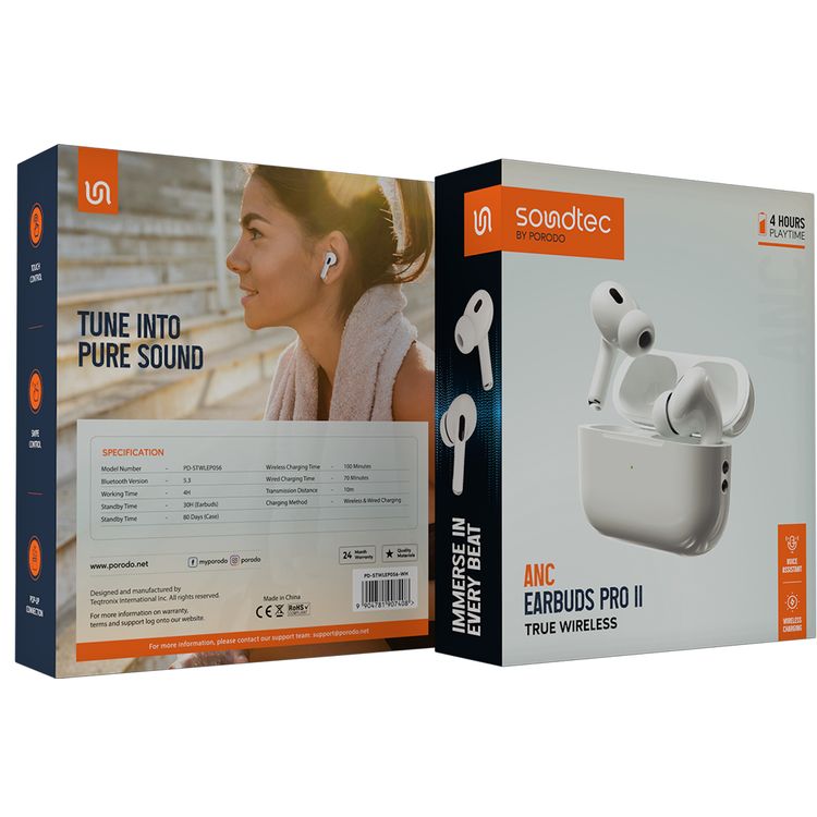 Porodo Soundtec ANC Earbuds Pro II True Wireless with 4 Hours Working Time, Wireless Charging Compatibility, 10m Transmission Distance, 30 Hours Earbuds Standby Time - White