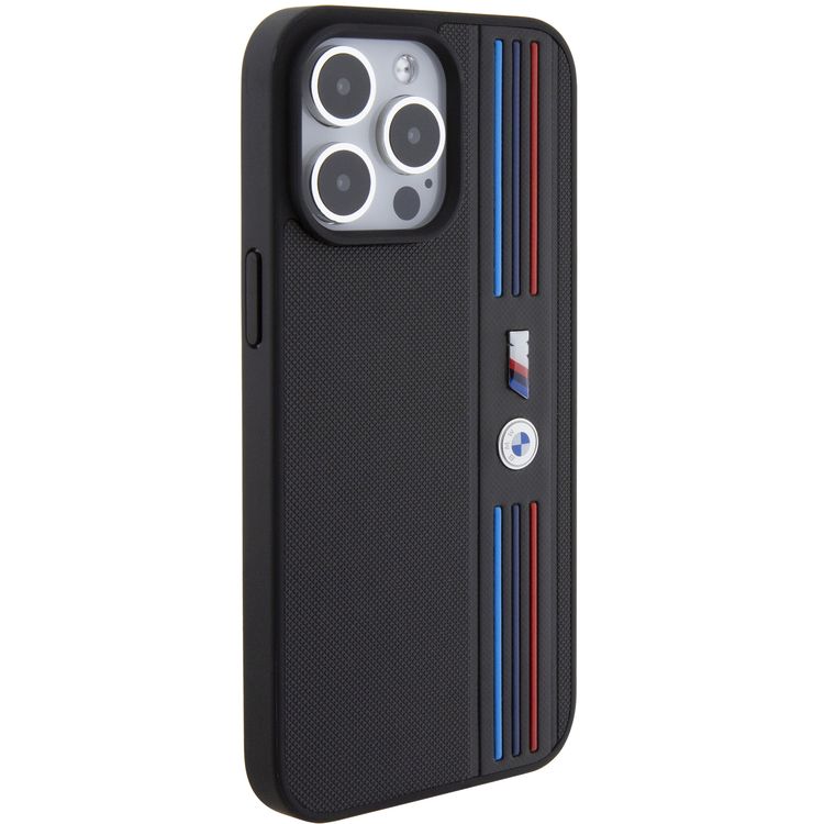 BMW M PU Leather Case with Mesh Tricolor Pattern for iPhone 15 Pro