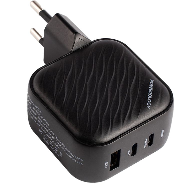 Powerology GaN Ultimate EU Dual PD Charger with 65W Power Delivery, 0%-60% Charge in 35 Minutes, 36W USB-A Output, Simultaneous Charging, Built-in Safeguards - Black