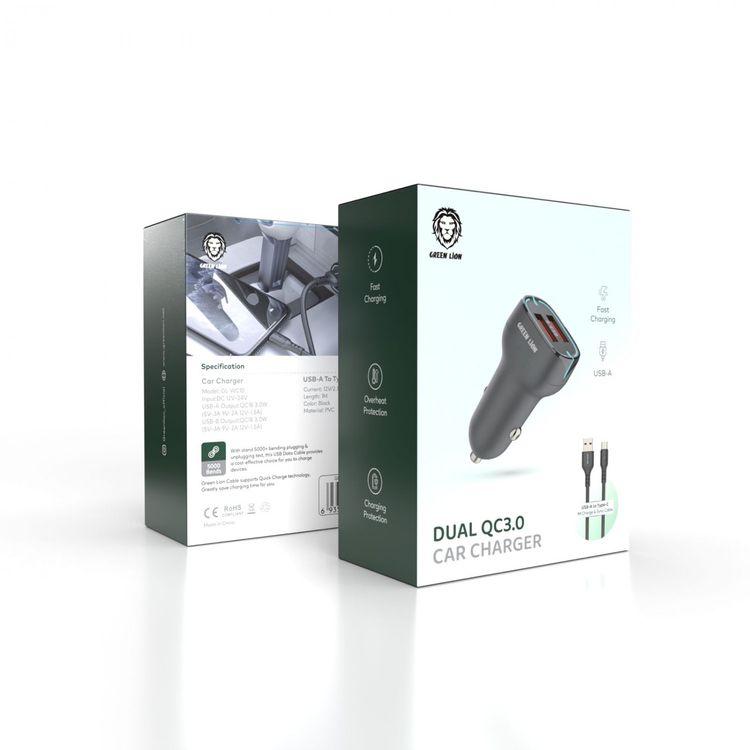 Green Lion Car Charger QC18w+QC 18w Total 36w USB-Type-C Cable 1M - Black