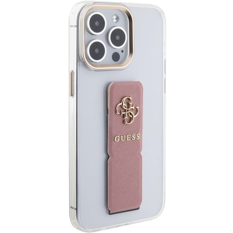 Guess Gripstand Clear Case with Saffiano Grip Leather & 4G Logo for iPhone 15 Pro Max -Black - القرنفل