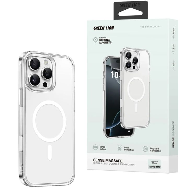 جراب Green Lion Sense Crystal Clear Magsafe، لهاتف iPhone 16، حماية للكاميرا، حماية من السقوط، متوافق مع Magsafe، مغناطيسات قوية، مضاد للخدش، زر استشعار، حافة مرتفعة