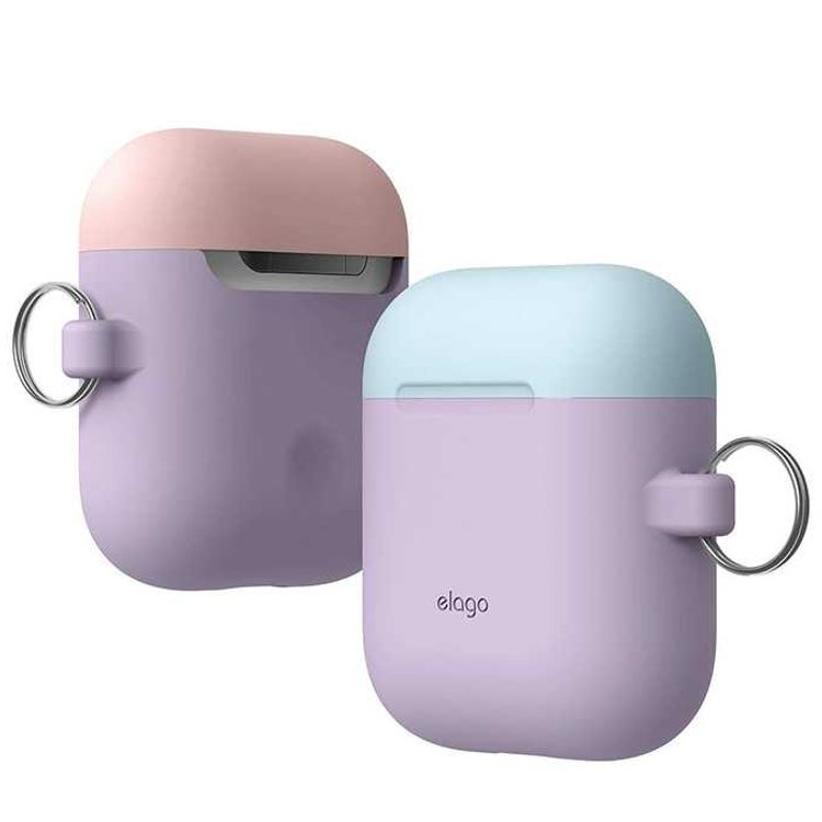 Elago Duo Hang Case for Airpods, With Metal Carabiner, Impact Resistant & Scratch Resistant, Fits Perfectly w/out Interfering Charging - Body-Lavender / Top-Pink,Pastel Blue