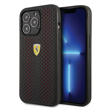 Ferrari PU Leather Perforated Case with Nylon Base & Yellow Shield Logo iPhone 14 Pro Compatibility - Red
