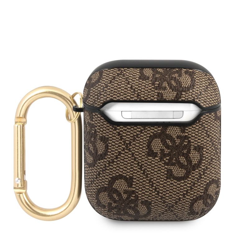 جراب سي جي موبايل من غيس من مادة بولي اليوريثان 4جي مع شعار سكريبت معدني لأجهزة ايربودز 1/2 مقاوم للخدش وغطاء ممتص للصدمات وحماية من السقوط مرخص رسميًا - بني