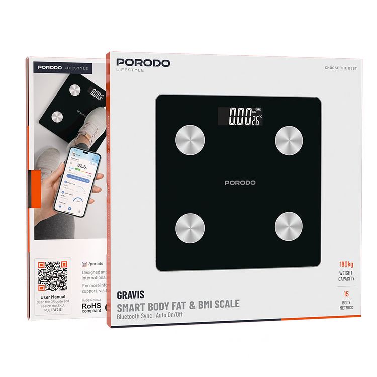 Porodo Gravis Smart Body Fat & BMI Scale with Digital Display, kg & lb Units, Automatic Shut-On/Off, 15 Body Metrics, Tempered Safety Glass, 3-180kg Weighing Range - Black