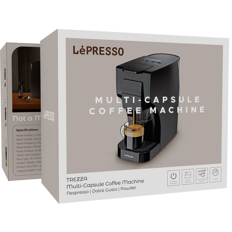 LePresso Trezza Multi-Capsule Coffee Machine with 1350W Rated Power, 1L Water Tank Capacity, 20 Bar Pump Pressure, 220-240V Rated Voltage, Automatic Shutdown - Black
