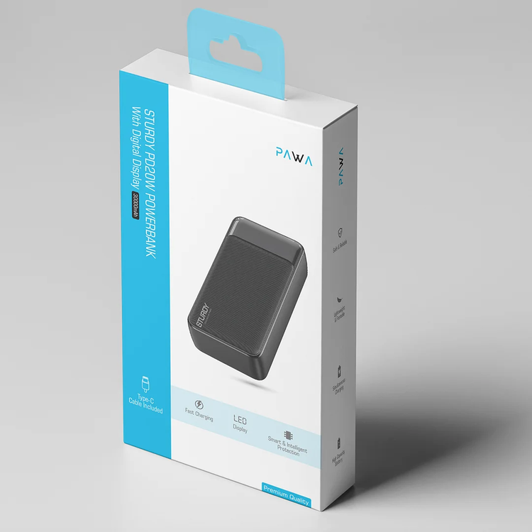 PAWA Sturdy 30000mAh Power Bank PD20W with Digital Display, Micro & Type-C Input, USB-C & Dual USB-A Output, Type-C Cable Included, Fast Charging, Lightweight & Portable, Simultaneous Charging, Smart & Intelligent Protection - Black
