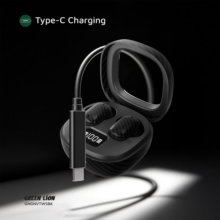 Green Lion Geneva True Wireless Earbuds with Dual Microphones, Up to 4 Hours Play Time, Bluetooth Version 5.4, 10m Transmission Range, USB-C Charging Port, Voice Assistant, Digital Display & Touch Controls, Up to 180 Days Standby Time - Black