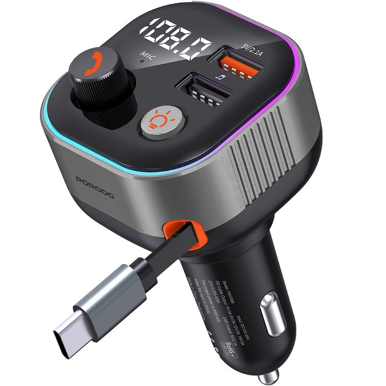 Porodo Audio Boost Bluetooth FM Transmitter Quick-Charge Car Charger with 65W PD, USB-A & USB-C Outputs, USB Flash, 80cm Retractable Type-C Cable, 87.5-107.8 FM Frequency, LED Ambient Lighting, Universal Compatibility - Dark Gray