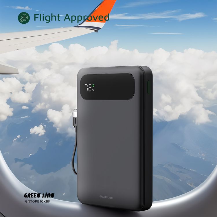 Green Lion Toledo 10000mAh Power Bank with 20W PD Fast Charging, USB-C to USB-C Cable Strap, USB-A & USB-C Outputs, Flight Approved, Digital Display, Fast Charging - Black