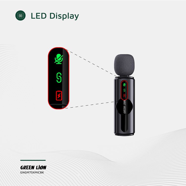ميكروفون غرين ليون GM-76X مع تقليل الضوضاء بثلاث مستويات، يعمل لمدة 5 ساعات، بزمن تأخير أقل من 30 ميلي ثانية، ميكروفون واحد، موصلات USB-A وType-C وLightning - أسود