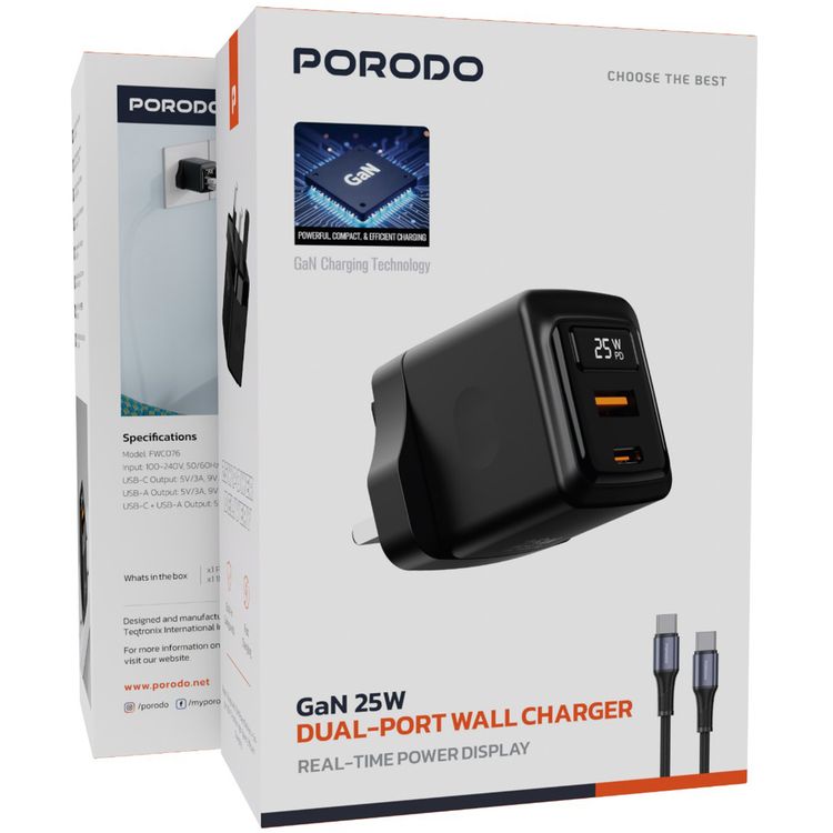 Porodo GaN Wall Charger with USB-C to USB-C Cable, 1m Cable Length, USB-A & USB-C Ports, 25W Power Delivery, Built-in Safeguards, Fast Charge Support, Multiple Device Charging, Digital Display - Black