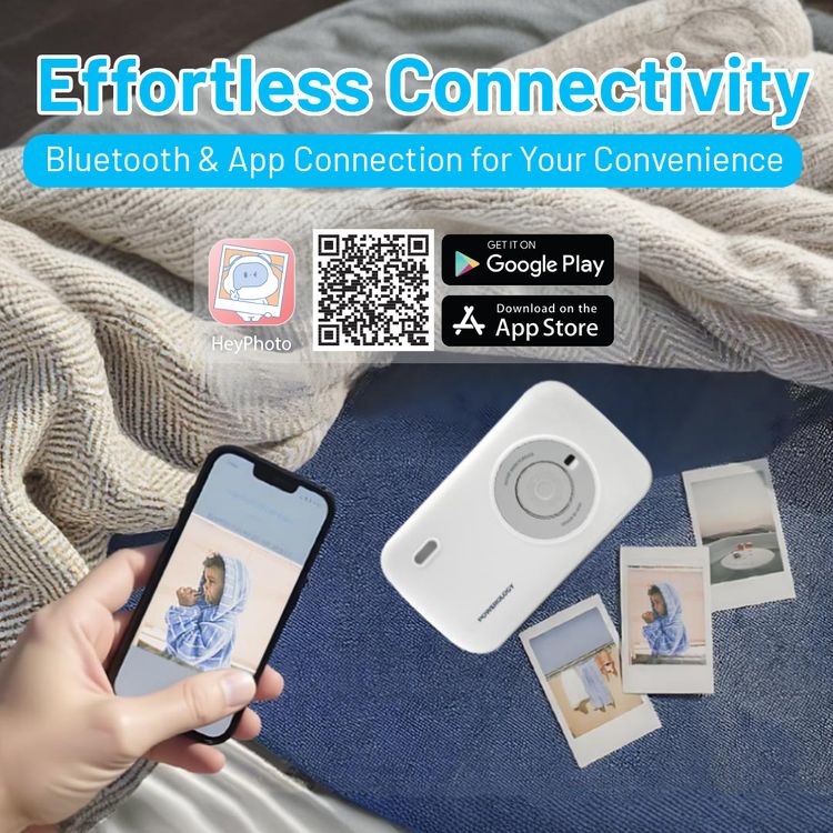 Powerology Vivant Mini Thermal Printer with 300 DPI Resolution, 40 Seconds per Sheet Printing Speed, 5.5cm Paper Width, Bluetooth Version 5.0, 800mAh Battery Capacity, 3 Hours Charging Time, Type-C Charging Port, Includes 10 Thermal Films, Auto Laminating Protection - White