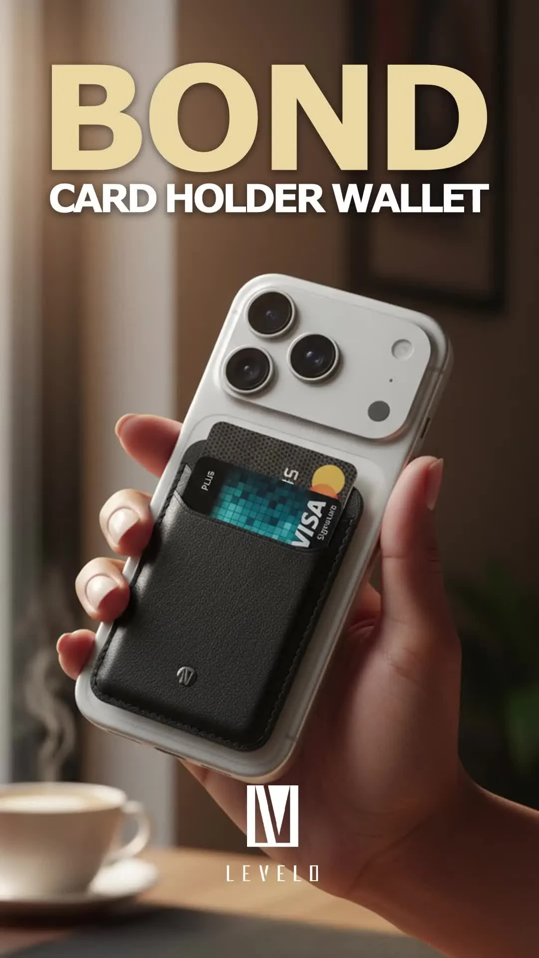 Levelo Bond MagSafe Card Holder Wallet with Genuine Saffiano Leather Material, 2 Card Slots, Strong MagSafe Magnet