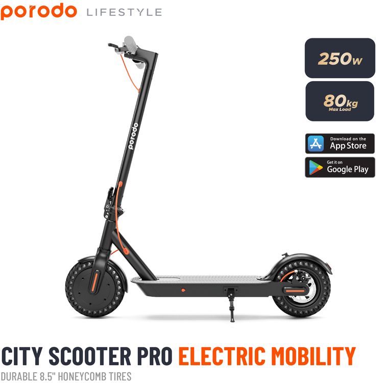 Porodo Lifestyle Electric City Scooter Pro with Integrated Phone Mount & Helmet, Up to 30km/h Speed, 80kg Load Capacity, 8.5" Wheelbase, 12° Incline, Front Electronic Brakes & Rear Disc Brakes, Front LED Headlight & Tail Light - Black