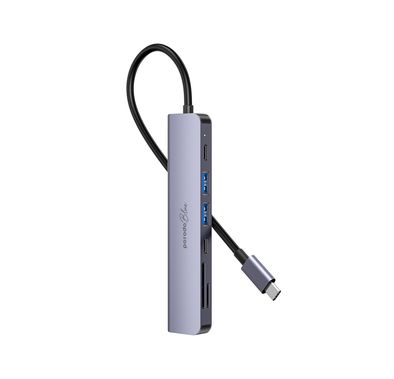 Porodo Blue 7 Ports USB-C HUB 4K HDMI & Dual USB-C, 100W PD, Card Reader, Plug and Play, Hot Swappable, Windows/Mac OS/Android - Gray
