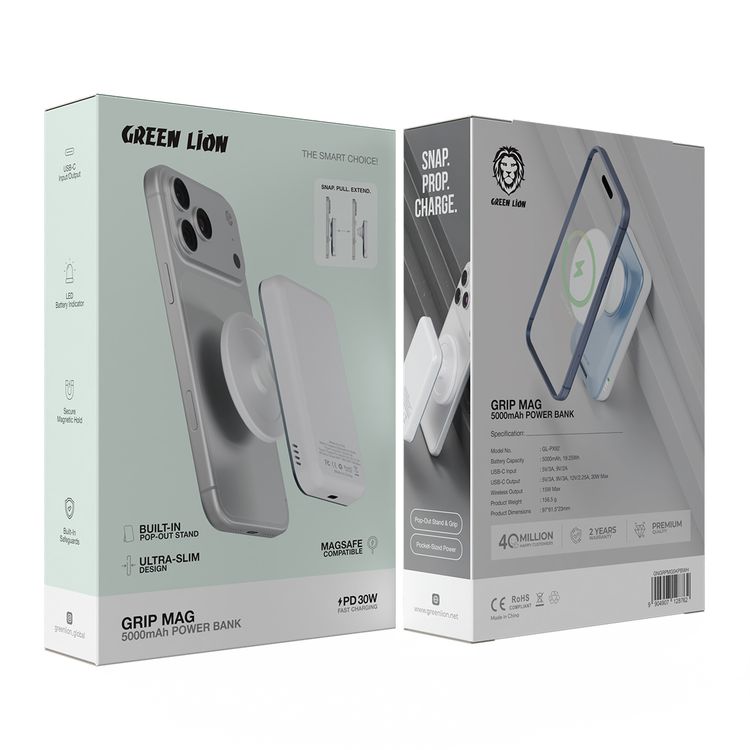 Green Lion Grip Mag 5000mAh Power Bank with PD 30W, MagSafe Compatible, LED Battery Indicator, Secure Magnetic Hold, Built-In Safeguards, Pop-Out Stand & Grip, Pocket-Sized Power, Ultra-Slim Design - White