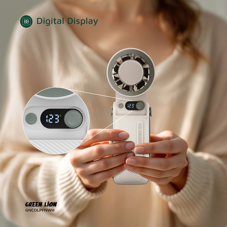 Green Lion Coolio Portable Fan with 1-199 Speed Levels, 6000mAh Battery Capacity, 5 Hours Charging Time, Type-C Charging Port, ABS + PC & Aluminum Alloy Material, 30 Hours Working Time, Silent Operation - White