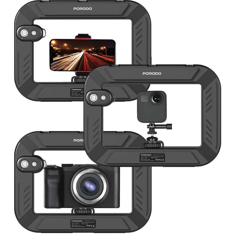 Porodo Handheld Ring Grip with Desktop Support & Phone Clamp, 1 Hour Working Time, 1500mAh Battery, 20W Rated Power, Bluetooth Controller, Camera & Phone Vlogging Light - Black