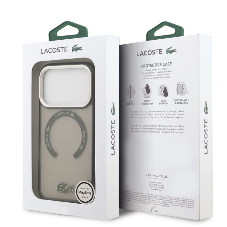 غطاء شفّاف من نوع TPU و PC من Lacoste مع لمسة نهائية متجمدة لجهاز iPhone 17 Pro Max، حماية من السقوط، تصميم نحيف، تغليف مستدام، تصميم يمكن تركيبه بسهولة - رمادي