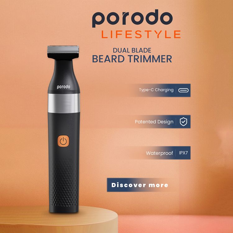 Porodo Lifestyle Dual Blade Beard Trimmer with 600mAh Battery Capacity, 90 Minutes Working Time, 130 Minutes Charging Time, Type-C Charging Port, Adjustable Guide Comb - Black