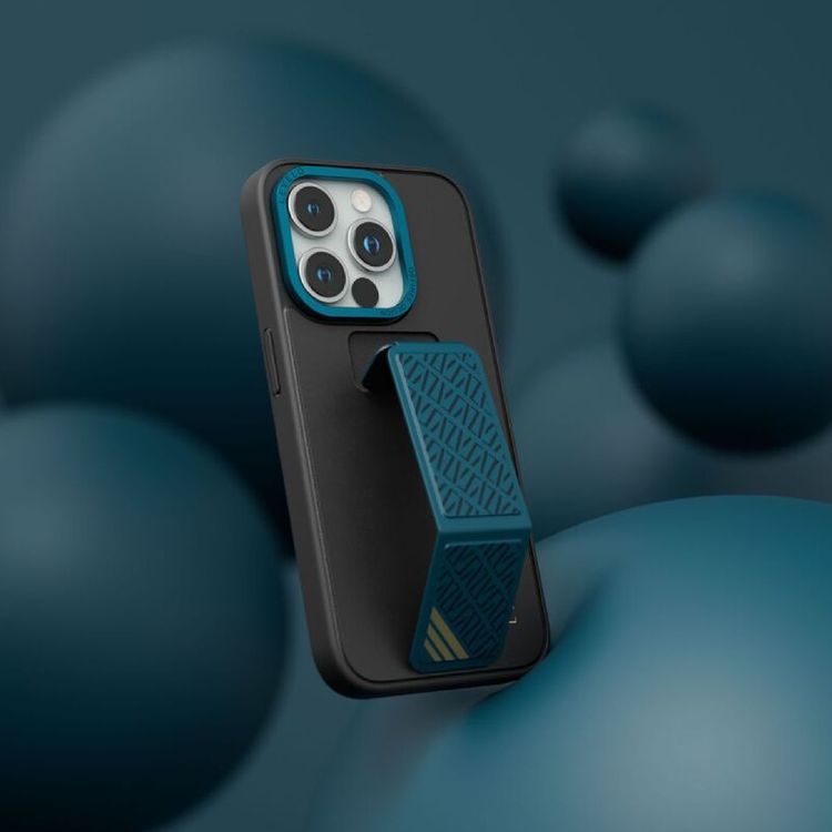 Levelo Morphix Leather Case for iPhone 15 Pro with Kickstand Grip - Black/Blue