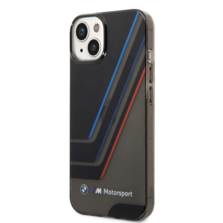BMW Motorsport Collection PC/TPU IML Printed Tricolor Stripes, Translucent Zones Bumper Protection iPhone 14 Plus Compatibility - Black