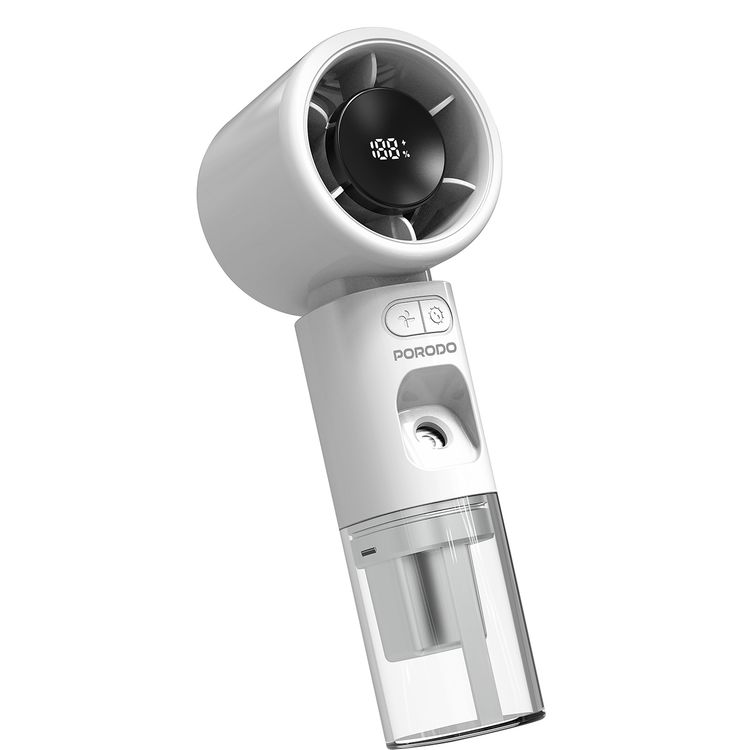Porodo Cool & Hydrate Mini Fan & Humidifier with 100 Speed Levels, Up to 5 Hours Working Time, Whisper-Quiet Operation, LED Digital Display, 2000 mAh Battery, USB-C Charging Port - White