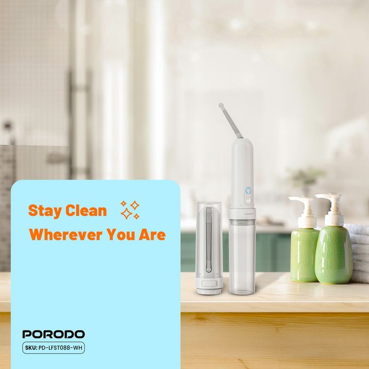 Porodo Lifestyle Electric Travel Bidet with 3 Spray Modes, Smart Memory Recall, Water Bottle Adapter, 180mL Water Reservoir, Waterproof - White 