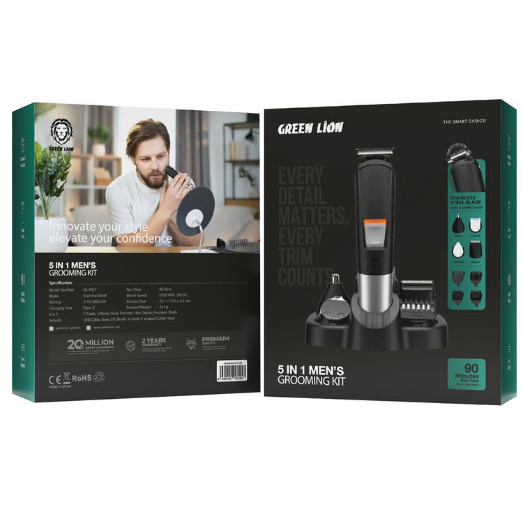 Green Lion Men's Grooming Set with Up to 90 Minutes Working Time, 6300RPM Motor Speed, 600mAh Battery Capacity, Stainless Steel Blade, LED Display - Black